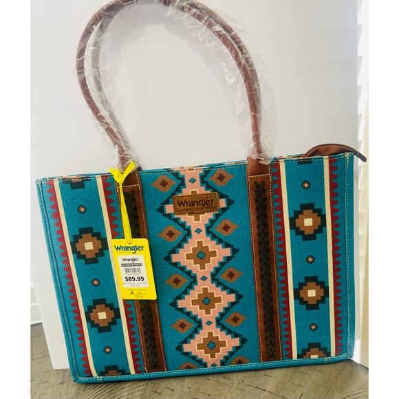 Wrangler Dark Turquoise Southwestern Canvas Large Tote *NEW in Package* - Picture 1 of 7